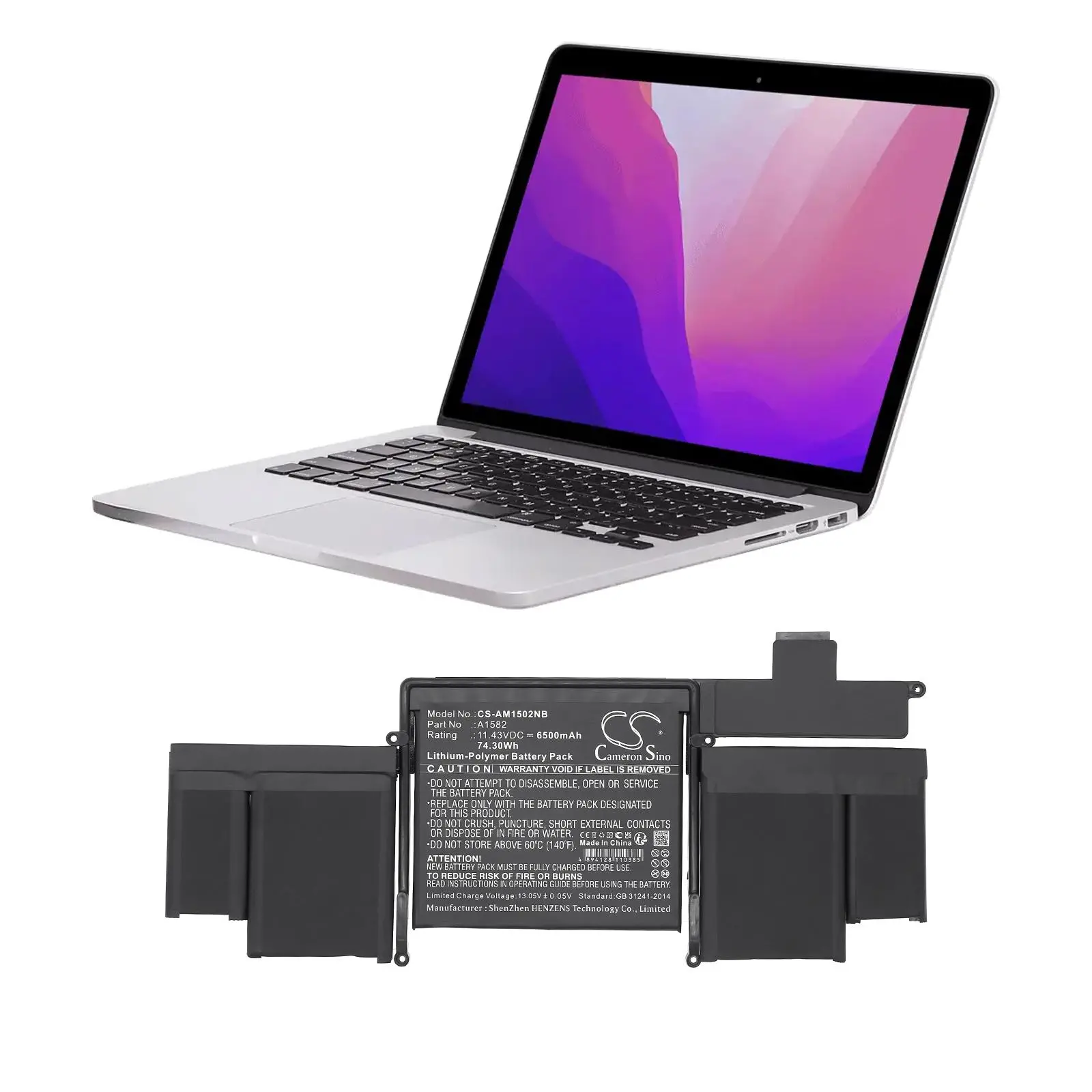 Батерия за лаптоп Apple MacBook A1502 battery(2015), MacBook Pro Retina A1502 (2015 Version) A1582 LiPo 11,43V 6500mAh CAMERON SINO - image 3