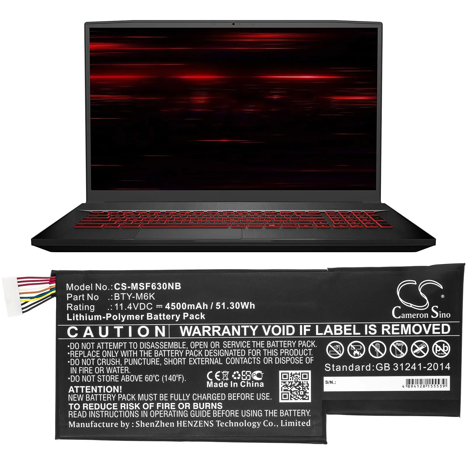 Батерия за лаптоп MSI GF63 , GF75, GS63, GS73 BTY-M6K LiPo 11.4V 4500 mAh CAMERON SINO - image 2