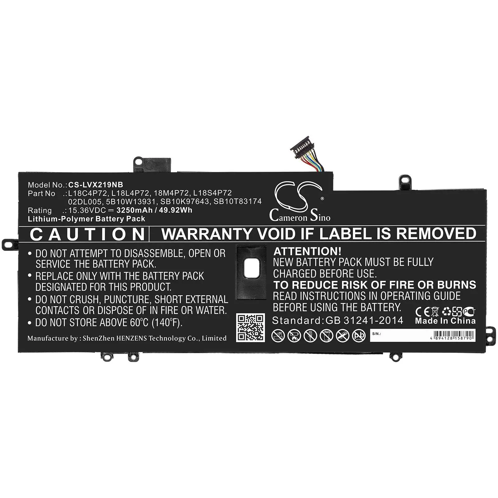 Μπαταρία για laptop LENOVO ThinkPad X1 Carbon 2019, L18C4P72 LiPo 15.36V 3250mAh CAMERON SINO