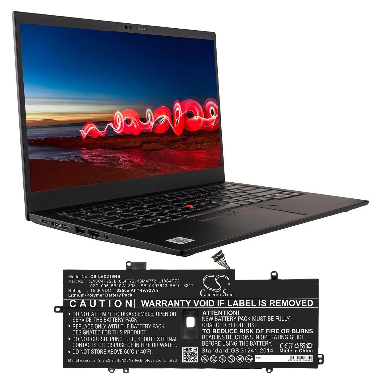 Батерия за лаптоп LENOVO ThinkPad X1 Carbon 2019, L18C4P72 LiPo 15.36V 3250mAh CAMERON SINO - image 3