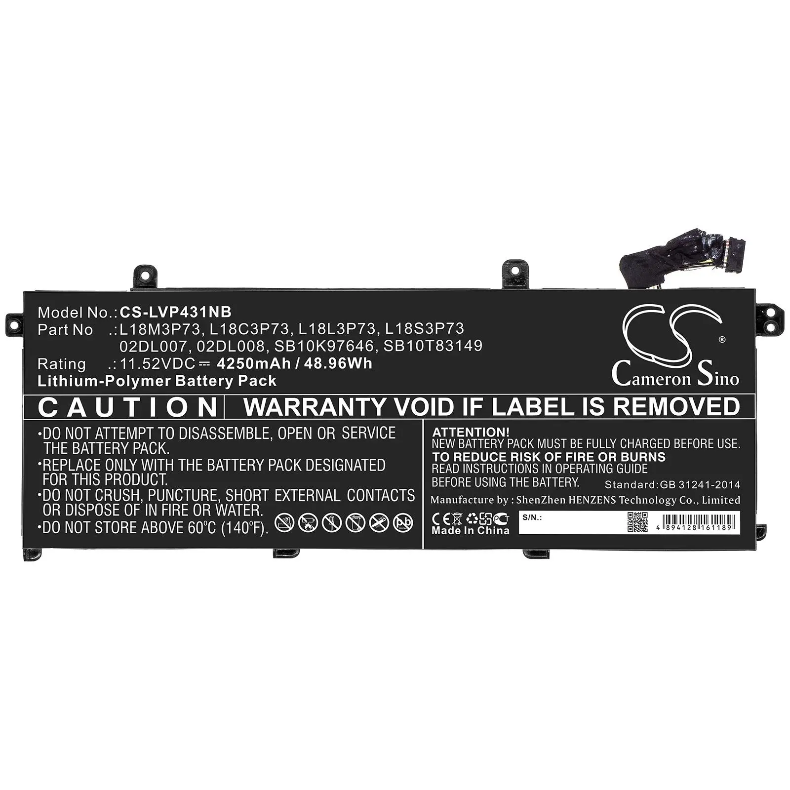 Батерия за лаптоп LENOVO ThinkPad P43s, ThinkPad T490, L18C3P73 LiPo 11.52V 4250mAh CAMERON SINO