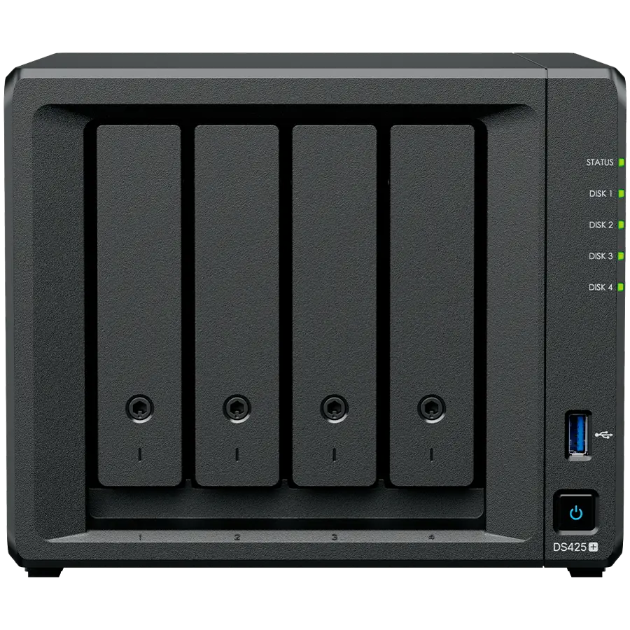 Synology DiskStation DS425+ Tower, 4-Bays 3.5'' SATA HDD/SSD, 2 x M.2 2280 NVMe SSD slot, CPU Intel Celeron J4125 4-core 2.0 GHz, 2 GB DDR4 non-ECC SODIMM, 1x RJ-45 2.5 GbE LAN, 1x RJ-45 1GbE LAN Port; 2x USB 3.2; 2.18 kg; 3yr warranty