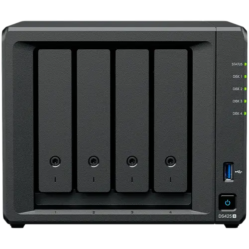 Synology DiskStation DS425+ Tower, 4-Bays 3.5'' SATA HDD/SSD, 2 x M.2 2280 NVMe SSD slot, CPU Intel Celeron J4125  4-core 2.0 GHz, 2 GB DDR4 non-ECC SODIMM, 1x RJ-45 2.5 GbE LAN, 1x RJ-45 1GbE LAN Port; 2x USB 3.2;  2.18 kg; 3yr warranty