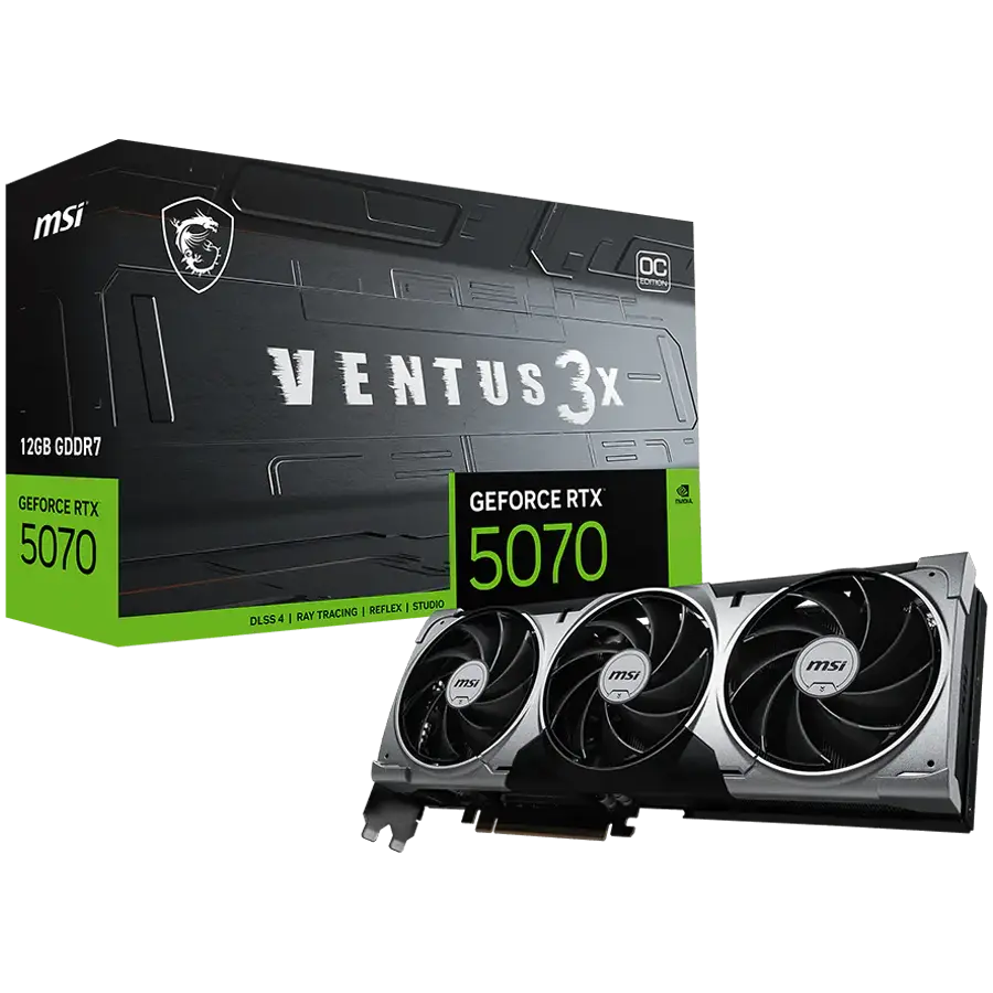 Placă video MSI Nvidia GeForce RTX 5070 12G VENTUS 3X OC, 12GB GDDR7, 192bit, Frecvență efectivă a memoriei: 28000MHz, Boost: 2542 MHz, 6144 nuclee