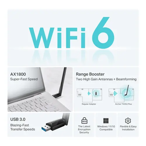 Безжичен адаптер TP-LINK Archer TX35U Plus, AX1800,двулентов,USB 3.0, - image 3
