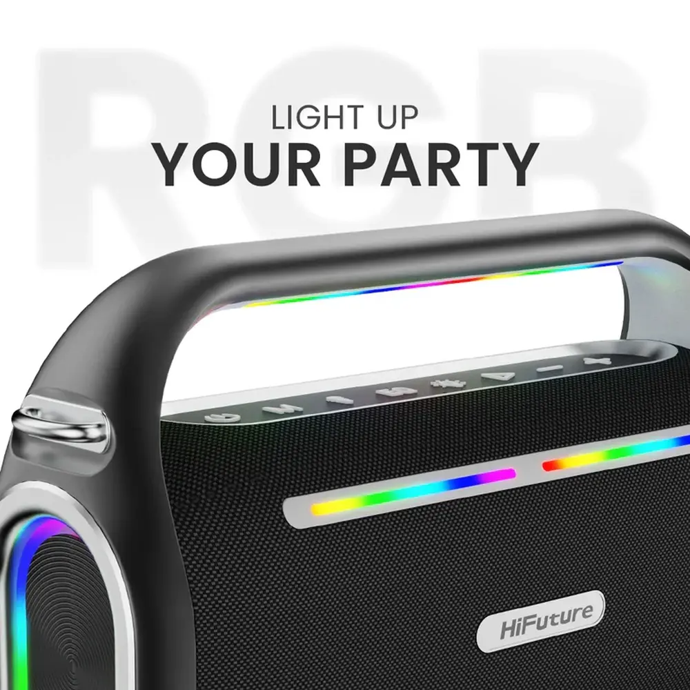 Тонколони, HiFuture MusicBox100 Black, 20W Output, Karaoke Enable, Two Wireless Microphone, 4000mAh Battery (Support Power Bank), RGB Lighting, Pair to Play (TWS Mode), Bluetooth 5.3