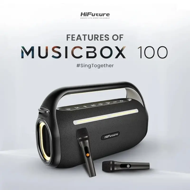 Тонколони, HiFuture MusicBox100 Black, 20W Output, Karaoke Enable, Two Wireless Microphone, 4000mAh Battery (Support Power Bank), RGB Lighting, Pair to Play (TWS Mode), Bluetooth 5.3 - image 2