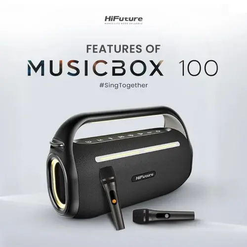 Тонколони, HiFuture MusicBox100 Black, 20W Output, Karaoke Enable, Two Wireless Microphone, 4000mAh Battery (Support Power Bank), RGB Lighting, Pair to Play (TWS Mode), Bluetooth 5.3 - 3