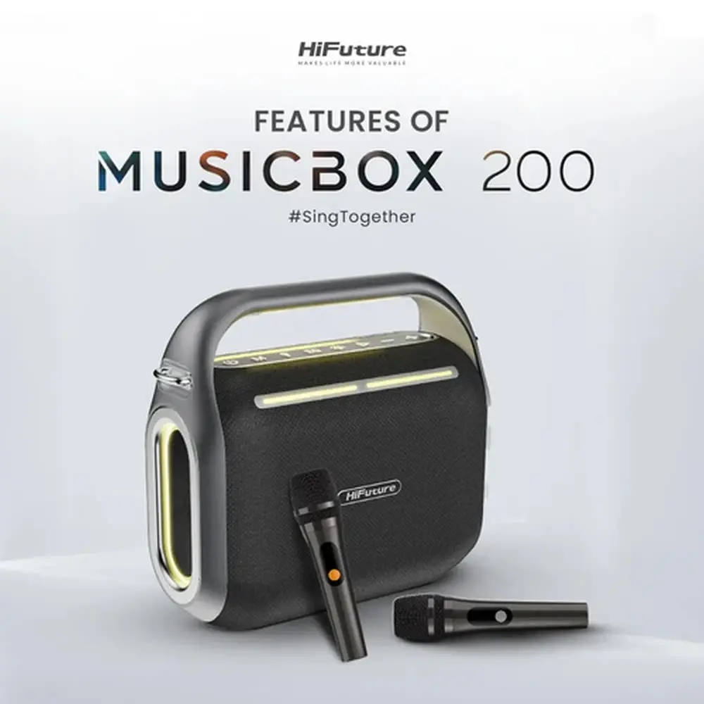 Тонколони, HiFuture MusicBox200 Black, 100W Output, Karaoke Enable, Two Wireless Microphone, 12000mAh Battery (Support Power Bank), RGB Lighting, Pair to Play (TWS Mode), Bluetooth 5.3
