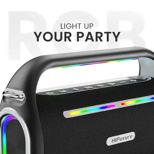 Тонколони, HiFuture MusicBox200 Black, 100W Output, Karaoke Enable, Two Wireless Microphone, 12000mAh Battery (Support Power Bank), RGB Lighting, Pair to Play (TWS Mode), Bluetooth 5.3 - 5