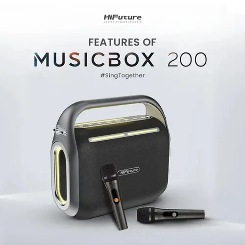 Тонколони, HiFuture MusicBox200 Black, 100W Output, Karaoke Enable, Two Wireless Microphone, 12000mAh Battery (Support Power Bank), RGB Lighting, Pair to Play (TWS Mode), Bluetooth 5.3 - 1
