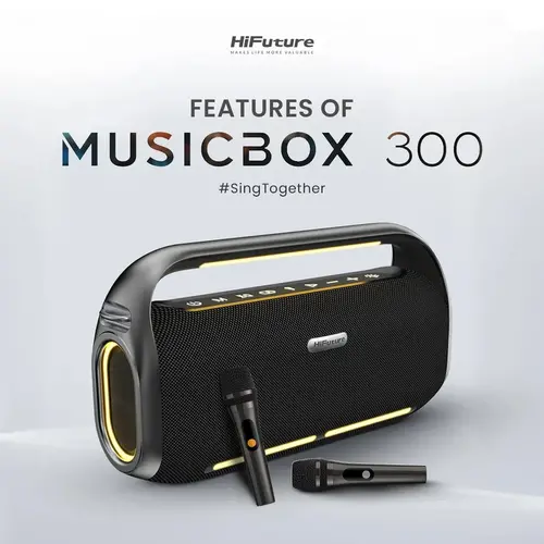 Тонколони, HiFuture MusicBox300 Black, 150W Output, Karaoke Enable, Two Wireless Microphone, 18000mAh Battery (Support Power Bank), RGB Lighting, Pair to Play (TWS Mode), Bluetooth 5.3