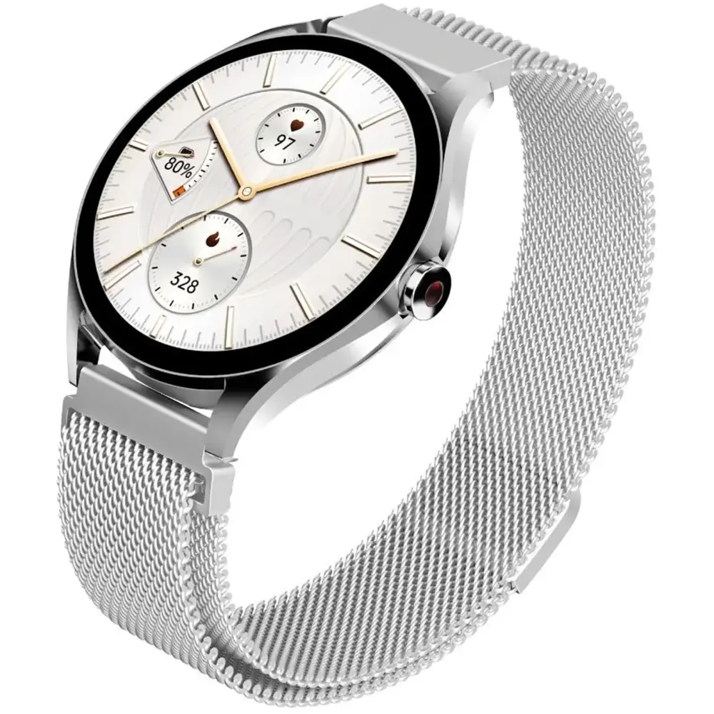 Часовник, HiFuture Aura2 Silver, 1.32 "AMOLED, Powered by Dual Core, Metallic Frame, Bluetooth Call, 3D User Interface, 1ATM Waterproof, 24/7 True Heart Rate & Blood Oxygen Sensor, 100+ Sports Mode, Up to 7 days daily use, Extra Silicone Strap inbox - image 1
