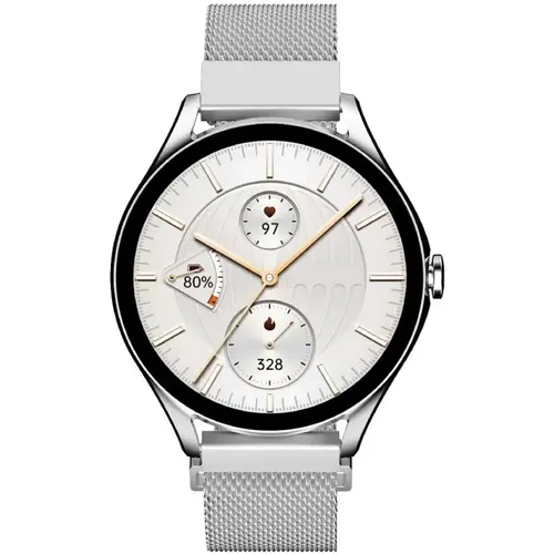 Часовник, HiFuture Aura2 Silver, 1.32 "AMOLED, Powered by Dual Core, Metallic Frame, Bluetooth Call, 3D User Interface, 1ATM Waterproof, 24/7 True Heart Rate & Blood Oxygen Sensor, 100+ Sports Mode, Up to 7 days daily use, Extra Silicone Strap inbox