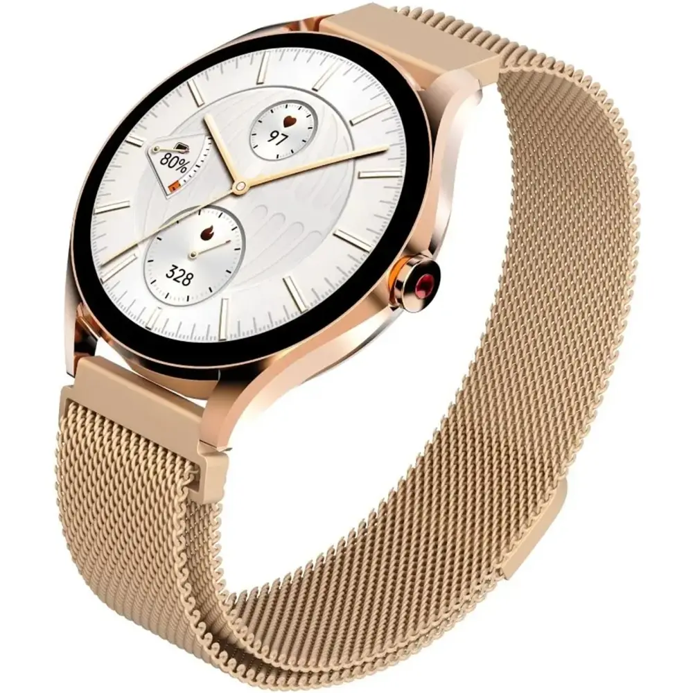 Часовник, HiFuture Aura2 Rose Gold, 1.32 "AMOLED, Powered by Dual Core, Metallic Frame, Bluetooth Call, 3D User Interface, 1ATM Waterproof, 24/7 True Heart Rate & Blood Oxygen Sensor, 100+ Sports Mode, Up to 7 days daily use, Extra Silicone Strap inbox