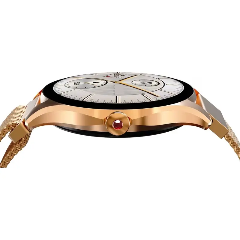 Часовник, HiFuture Aura2 Rose Gold, 1.32 "AMOLED, Powered by Dual Core, Metallic Frame, Bluetooth Call, 3D User Interface, 1ATM Waterproof, 24/7 True Heart Rate & Blood Oxygen Sensor, 100+ Sports Mode, Up to 7 days daily use, Extra Silicone Strap inbox - image 1