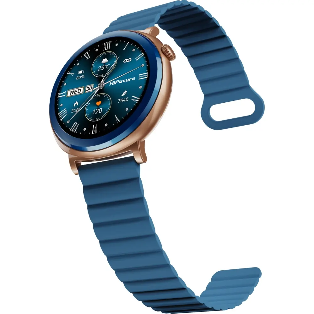 Часовник, HiFuture Aurora Blue, 1.43" AMOLED, 466*466, Powered by Dual Core & Syntra AI, Bluetooth Call, IP68 Waterproof, 24/7 True Heart Rate & Blood Oxygen Sensor, Up to 10 days daily use, Magnetic Strap