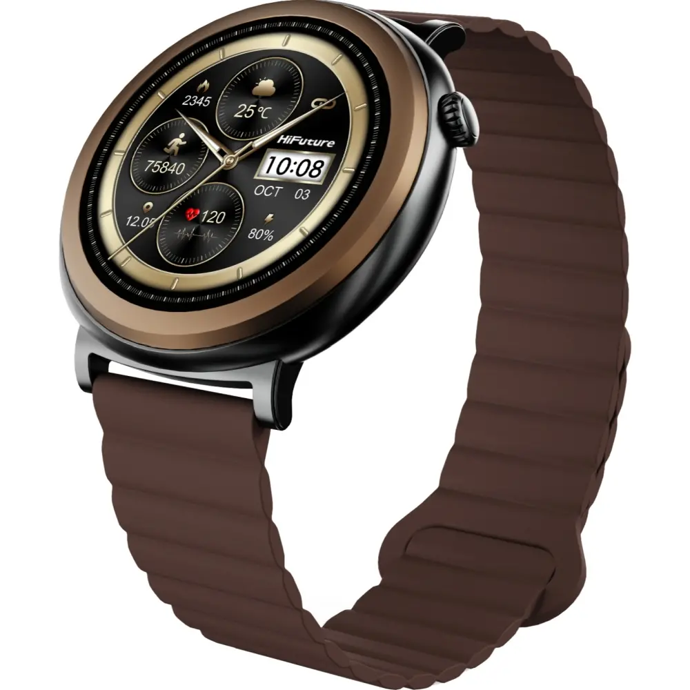 Часовник, HiFuture Aurora Brown, 1.43" AMOLED,  466*466, Powered by Dual Core & Syntra AI, Bluetooth Call, IP68  Waterproof, 24/7 True Heart Rate & Blood Oxygen Sensor, Up to 10 days daily use, Magnetic Strap - image 1