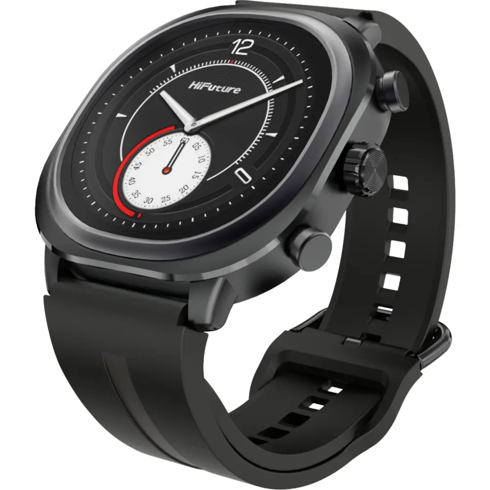 Часовник, HiFuture AIX Lite Black, 1.43" AMOLED, 466*466, Powered by Dual Core & Syntra AI, Bluetooth Call, 1ATM Waterproof, Sixth Generation Health Sensor, Up to 10 days daily use, Extra Fabric Strap inbox