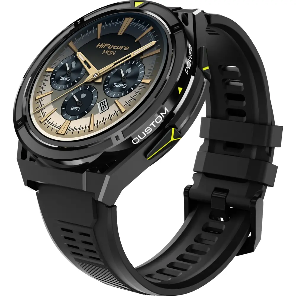 Часовник, HiFuture Active Black Yellow, *1.43"  AMOLED, Dual Band GPS +Compass + Altimeter 466*466, Powered by Dual Core & Syntra AI, Bluetooth Call, 5ATM Waterproof, 24/7 True Heart Rate & Blood Oxygen Sensor, Up to 10 days daily use - image 1