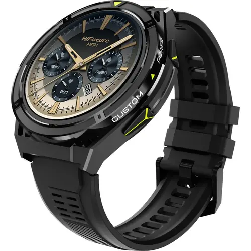 Часовник, HiFuture Active Black Yellow, *1.43"  AMOLED, Dual Band GPS +Compass + Altimeter 466*466, Powered by Dual Core & Syntra AI, Bluetooth Call, 5ATM Waterproof, 24/7 True Heart Rate & Blood Oxygen Sensor, Up to 10 days daily use - image 1
