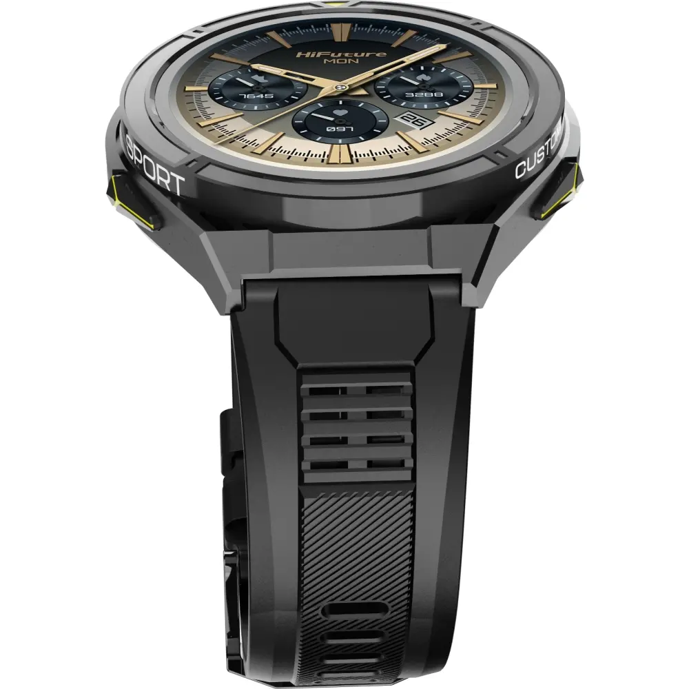 Часовник, HiFuture Active Black Yellow, *1.43"  AMOLED, Dual Band GPS +Compass + Altimeter 466*466, Powered by Dual Core & Syntra AI, Bluetooth Call, 5ATM Waterproof, 24/7 True Heart Rate & Blood Oxygen Sensor, Up to 10 days daily use - image 3