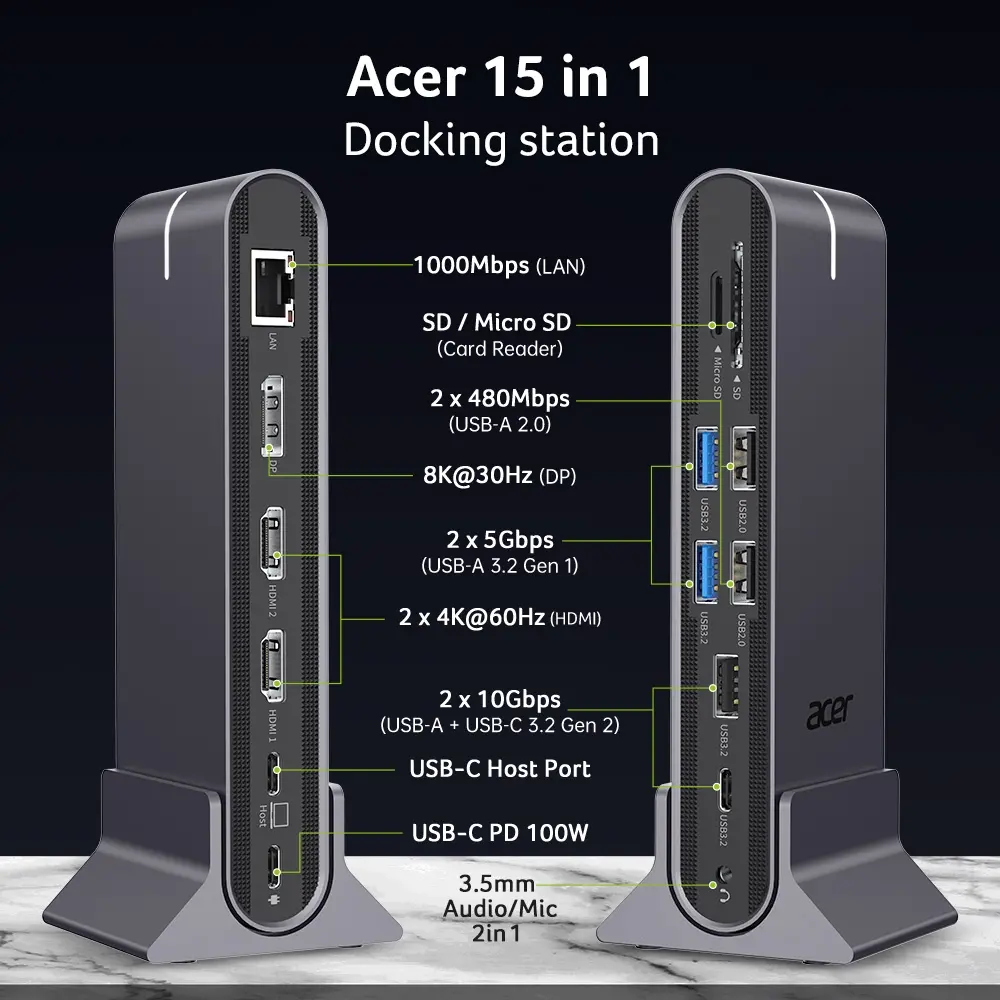 Stație de andocare, Acer Type C Universal docking station 15in1, 2 x HDMI 4K@60Hz, 1 x DP 8k@30Hz, 5 x USB A, 1 x USB C, 1 x RJ45, 1 x SD /Micro SD
