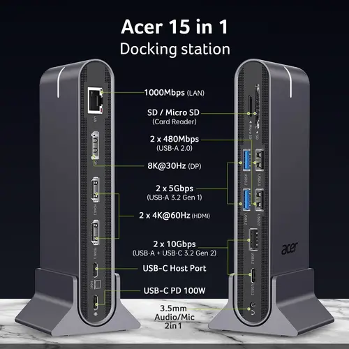Docking station, Acer Type C Universal docking station 15in1, 2 x HDMI 4K@60Hz, 1 x DP 8k@30Hz, 5 x USB A, 1 x USB C, 1 x RJ45, 1 x SD /Micro SD, 1 - 1
