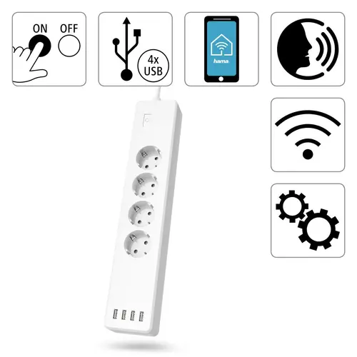 HAMA Смарт разклонител Wi-Fi  2.4Ghz, 4 гнезда, 4xUSB, 1.7 m, бял - image 6