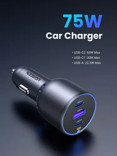 ЗАРЯДНО ЗА КОЛА 2xUSB-C+1xUSB A,75W EC703 UGREEN - image 3