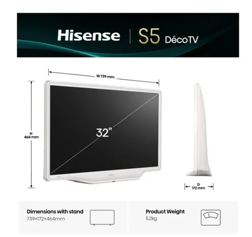 Телевизор, Hisense 32" S5Q, Full HD 1920x1080, QLED, 220 nits, HDR, HLG, DTS HD, Light Sensor, Dolby Audio, Smart TV, WiFi, WiFi Direct, 2xHDMI, 2xUSB, LAN, CI+, DVB-T2/C/S2, White - image 1