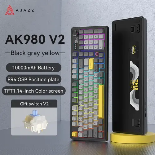 Ajazz геймърска механична клавиатура Wireless Gaming Mechanical Keyboard AK980 V2 - Gift Switch [Linear] (English US), Black, Gray - image 6