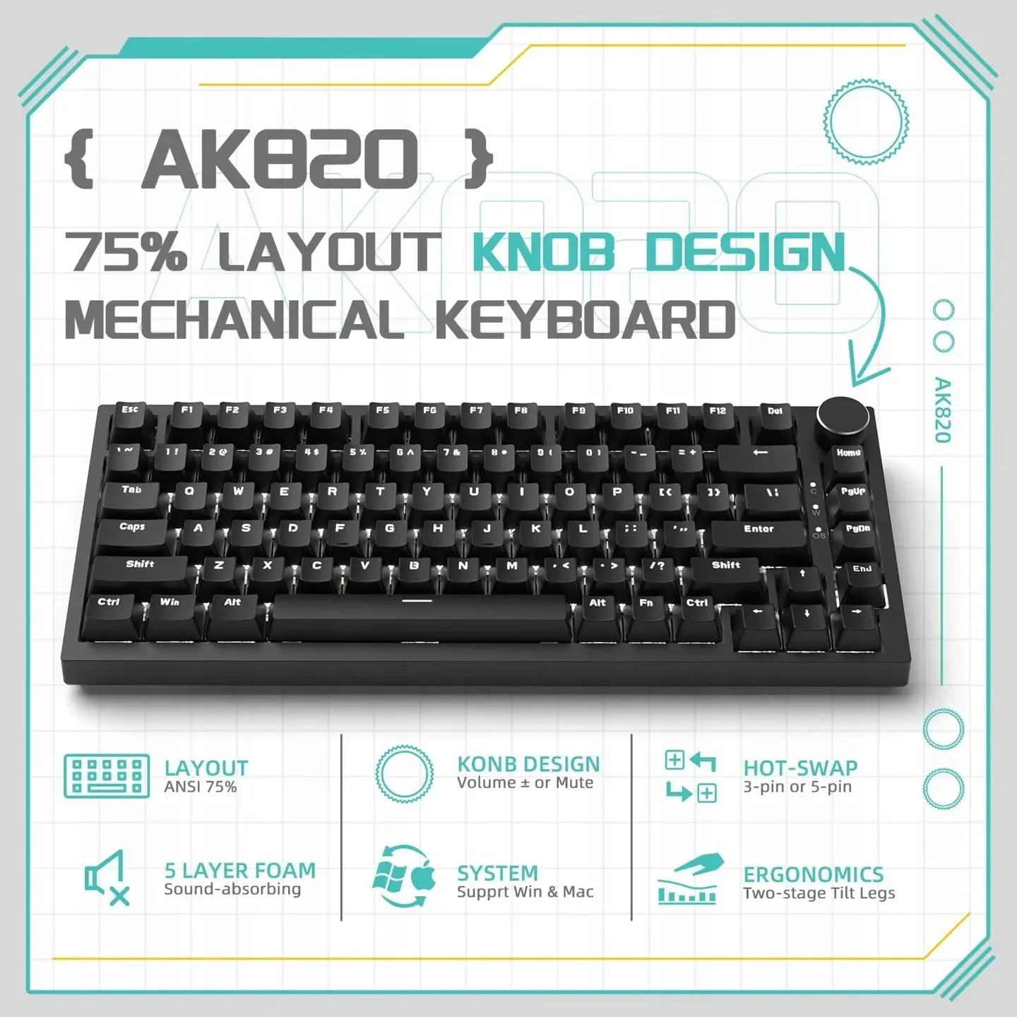 Ajazz геймърска механична клавиатура Gaming Mechanical Keyboard AK820 - Red Switches [Linear] (English US), Black, White Backlight - image 4
