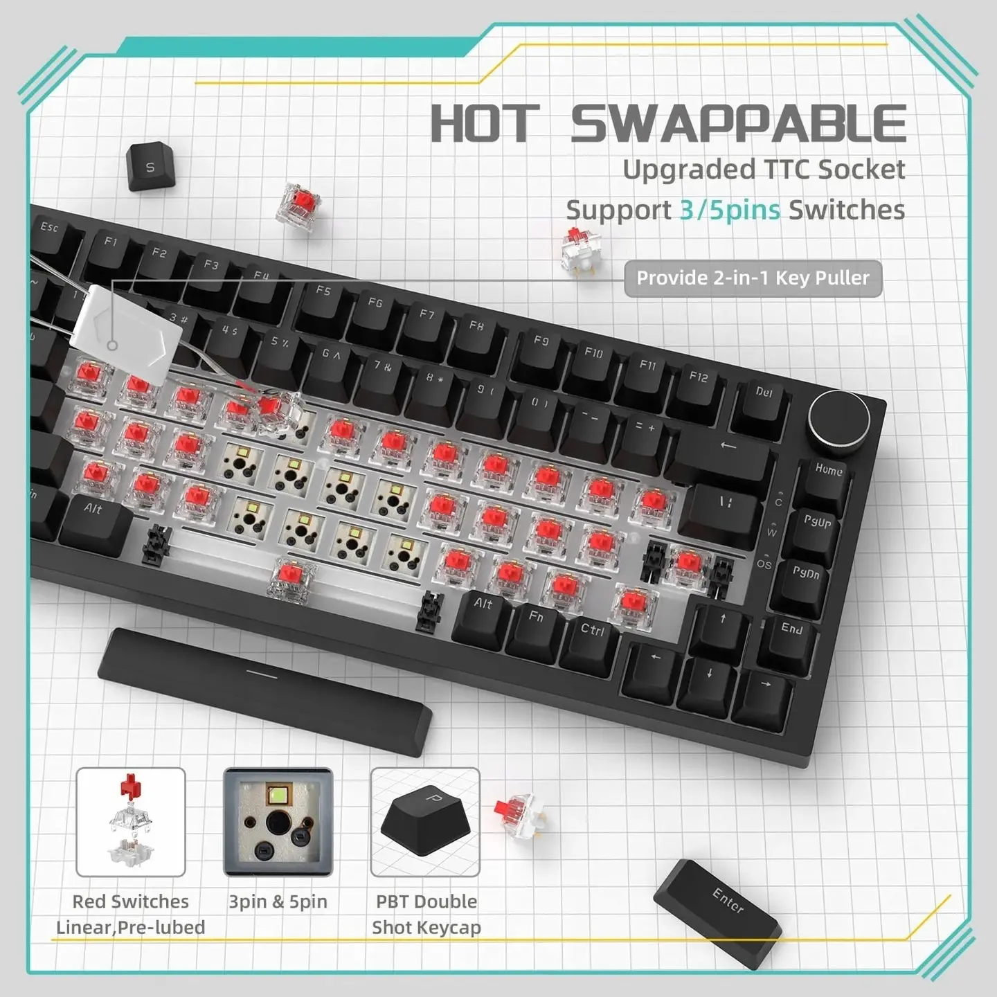 Ajazz геймърска механична клавиатура Gaming Mechanical Keyboard AK820 - Red Switches [Linear] (English US), Black, White Backlight - image 5