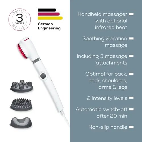 Συσκευή μασάζ, Beurer MG 44 infrared massager; Απαλό μασάζ δόνησης; Περιστρεφόμενη κεφαλή μασάζ και λαβή με 3 θέσεις ρύθμισης; Υπέρυθρη θερμότητα - 6