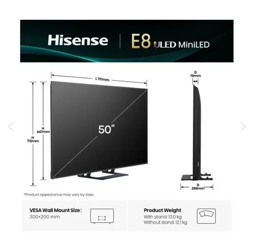 Телевизор, Hisense 50" E8Q, 4K Ultra HD 3840x2160, ULED, Quantum Dot,144 Hz,HDR 10+, HLG, Dolby Vision, DTS Virtual X, Smart TV, WiFi, Light Sensor, BT, Anyview Cast, 4xHDMI, 2xUSB, LAN, CI+, DVB-T2/C/S2, Singale Stand, Black - image 1