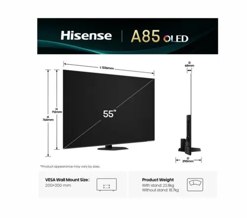 Телевизор, Hisense 55" A85Q, 4K UHD OLED Smart TV, 120Hz, 1000 nits,HDMI 2.1, Game Mode Pro, AMD FreeSync Premium, Dolby Vision IQ & Atmos, Bluetooth, Alexa Built-in, Black - image 1