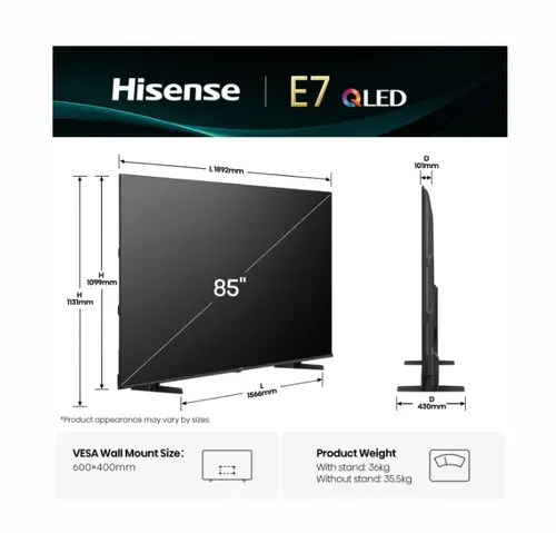 Телевизор, Hisense 85" E7Q, 4K Ultra HD 3840x2160, Quantum Dot, 60Hz, Light Sensor,IPS, HDR 10+, HLG, Dolby Vision IQ, Dolby Atmos, Smart TV, WiFi 5GHz, WiFi Direct, BT, Anyview Cast, 3xHDMI, 2xUSB, LAN, CI+, DVB-T2/C/S2, Black - image 1