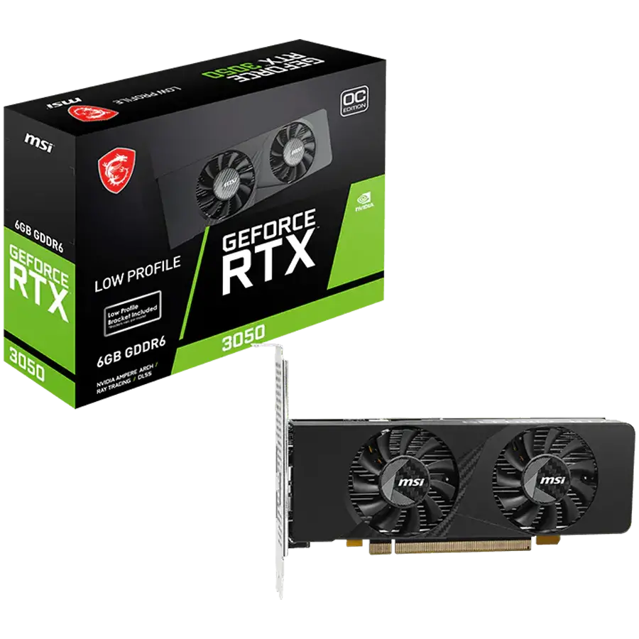 MSI Κάρτα γραφικών Nvidia GeForce RTX 3050 LP E 6G OC, 2x HDMI, 1x DP, διπλός ανεμιστήρας, ATX