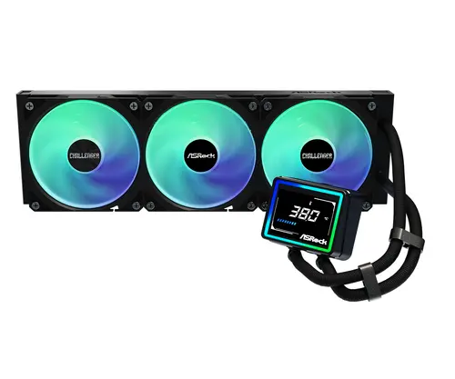 Asrock Challenger 360 Digital, răcire cu lichid AiO, ARGB, afișaj digital, radiator de 360 mm, AM5, AM4, LGA1851, LGA1700, 90-ACLA36-BAAGA6, Negru, 6Y - 1