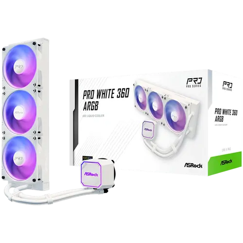 Asrock Pro White 360 ARGB, cooler cu lichid AiO, radiator 360 mm, AM5, AM4, LGA1851, LGA1700, 90-APRA36-WAAGA6, alb, 6Y - 1