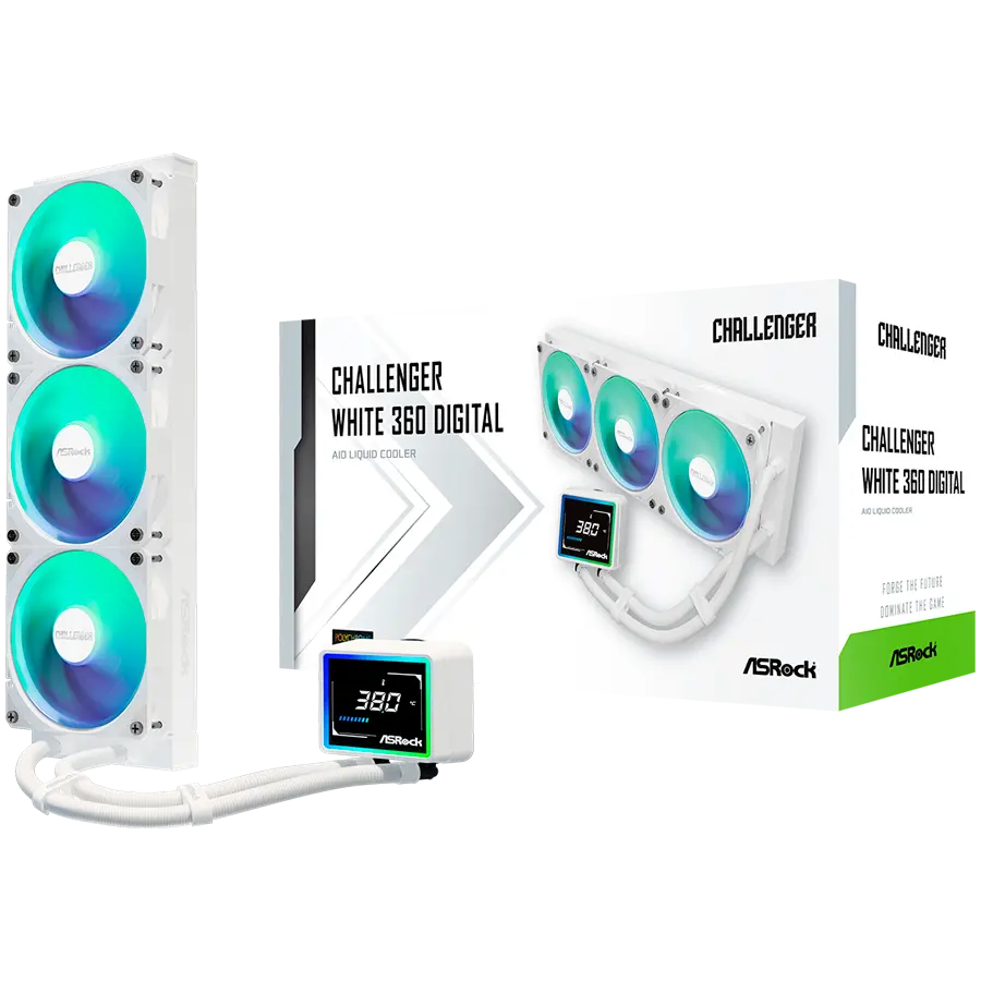 Asrock Challenger White 360 Digital, răcire cu lichid AiO, ARGB, afișaj digital, radiator de 360 mm, AM5, AM4, LGA1851, LGA1700, 90-ACLA36-WAAGA6