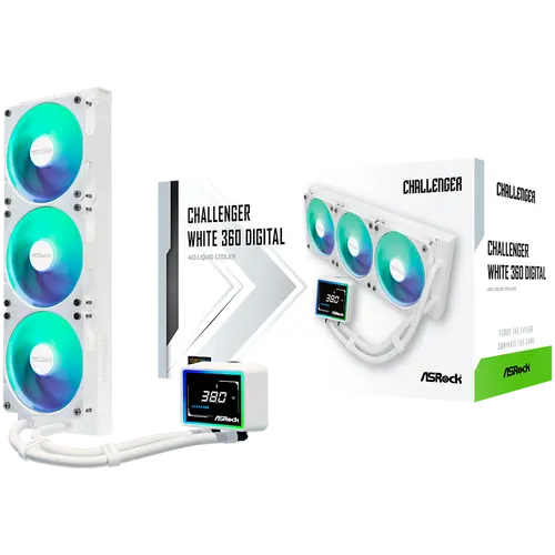 Asrock Challenger White 360 Digital, răcire cu lichid AiO, ARGB, afișaj digital, radiator de 360 mm, AM5, AM4, LGA1851, LGA1700, 90-ACLA36-WAAGA6 - 1