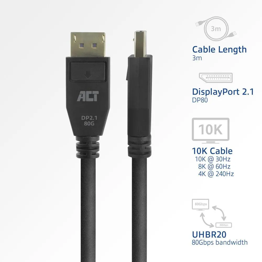 ACT Кабел Display port 2.1 мъжко-мъжко,8К@60Hz,4k@240Hz, 3м, черен - image 1