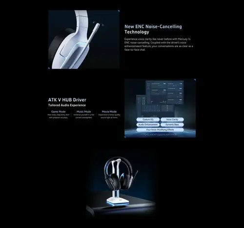 ATK безжични геймърски слушалки Wireless Gaming Headphones - M1 Mercury White - Bluetooth 5.3, 2.4G, ENC, Virtual 7.1 Surround - image 6