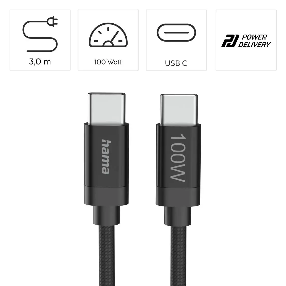 Hama Кабел за зареждане, "Fabric", USB-C - USB-C, 100 W, 3 m, Nylon, black - image 6