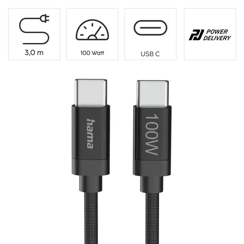 Hama Кабел за зареждане, "Fabric", USB-C - USB-C, 100 W, 3 m, Nylon, black - image 6