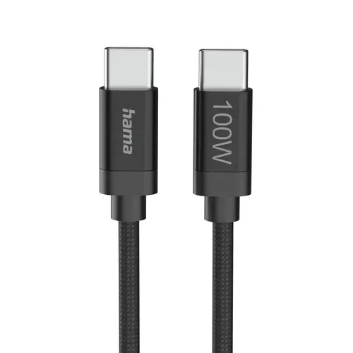 Hama Cablu de încărcare, "Fabric", USB-C - USB-C, 100 W, 3 m, Nylon, negru - 1