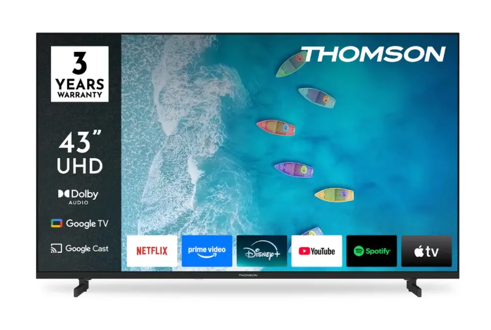 Телевизор, Thomson 43" UHD Google TV; 3840 x 2160 (4K UHD), DLED, 60 Hz, Dolby Audio, Google Cast, DVB-T/T2/C/S/S2, HDR10, Wi-Fi, Bluetooth, LAN, HDMI 3 (2.1), USB 2 (2.0), AV IN, Hotel mode, Side Feet, Black