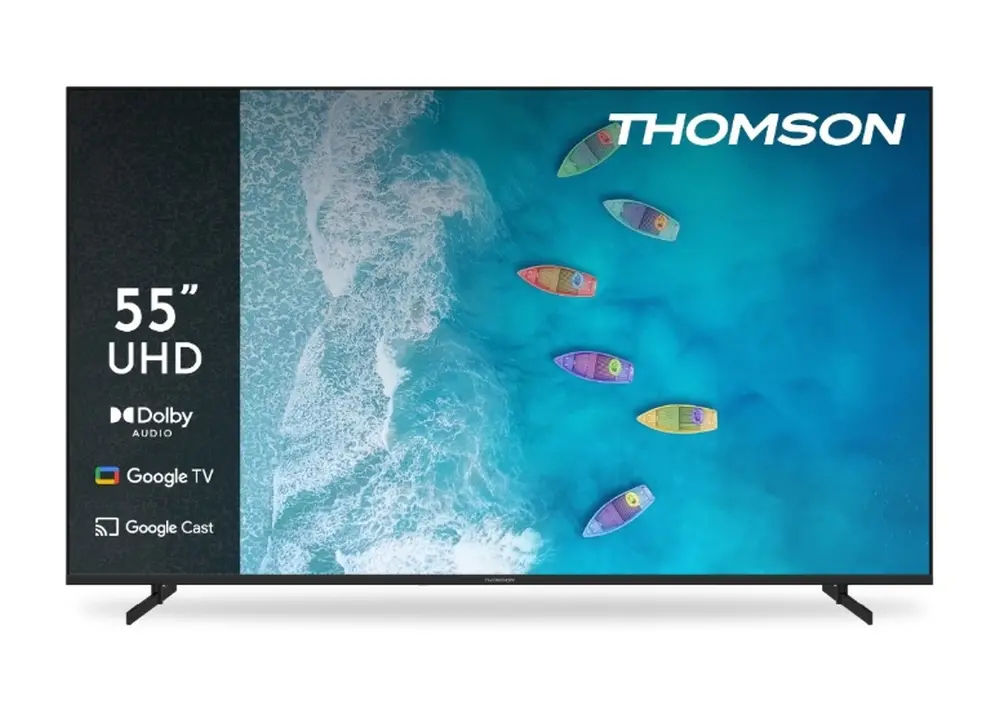 Телевизор, Thomson 55" UHD Google TV; 3840 x 2160 (4K UHD), DLED, 60 Hz, Dolby Audio, Google Cast, DVB-T/T2/C/S/S2, HDR10, Wi-Fi, Bluetooth, LAN, HDMI 3 (2.1), USB 2 (2.0), AV IN, Hotel mode, Side Feet, Black
